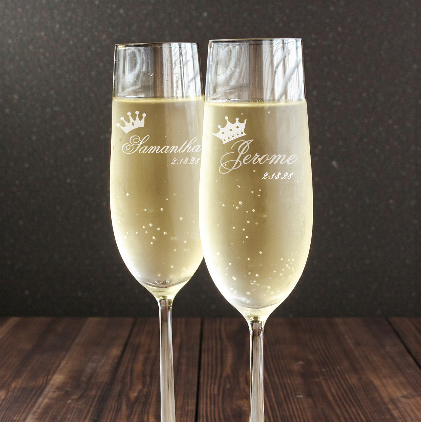 King and Queen Names Engraved Personalized Wedding Champagne Flutes