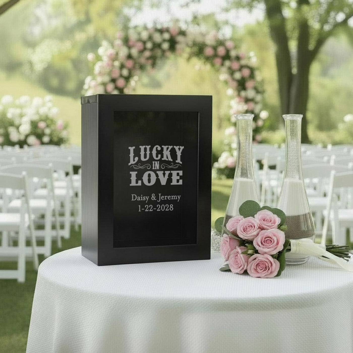 Lucky In Love Sand Ceremony Set, Personalized 3-Piece Wedding Shadow Box Frame
