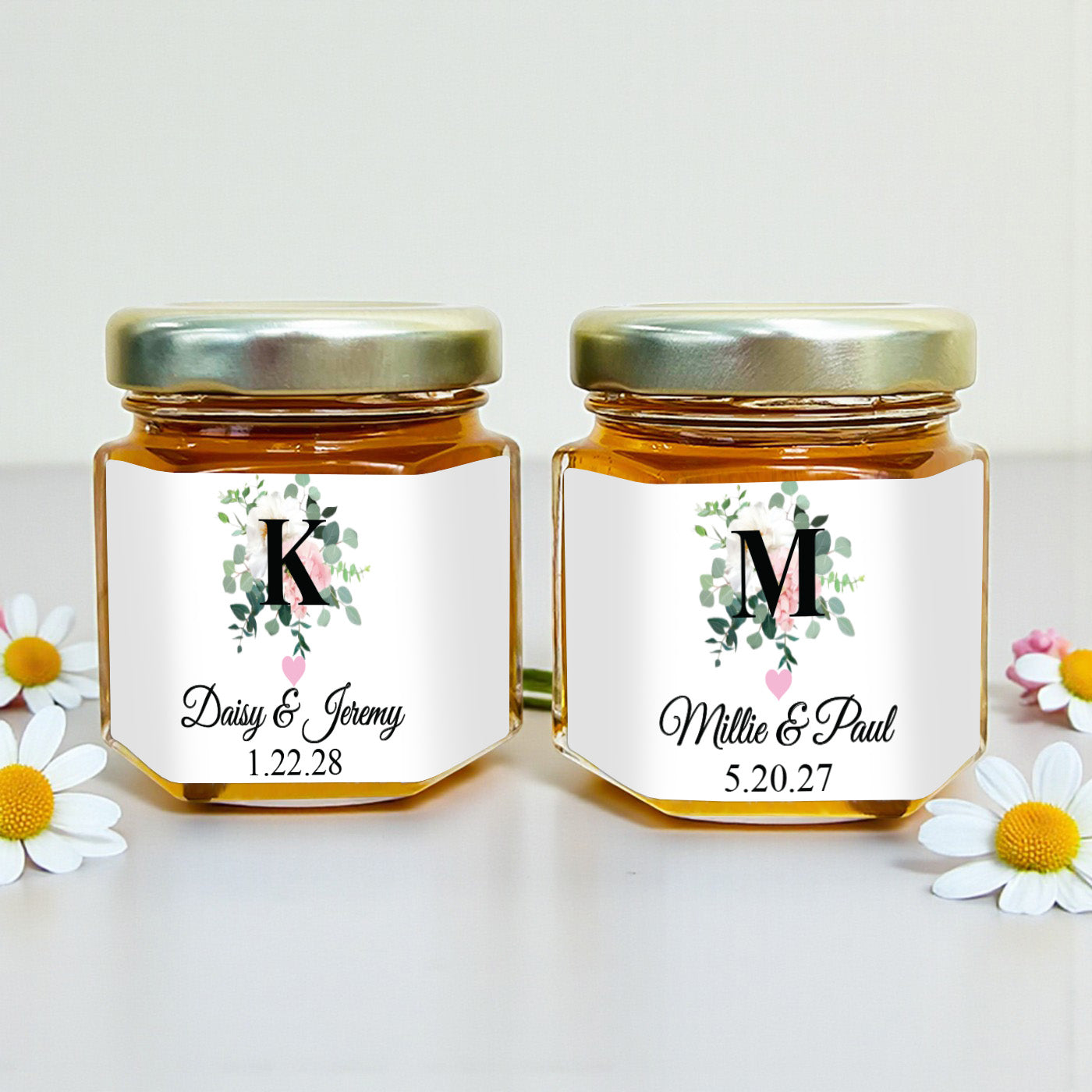 Initial Spring Flowers Personalized Mini Honey Jar Filled with Honey - Set of 12