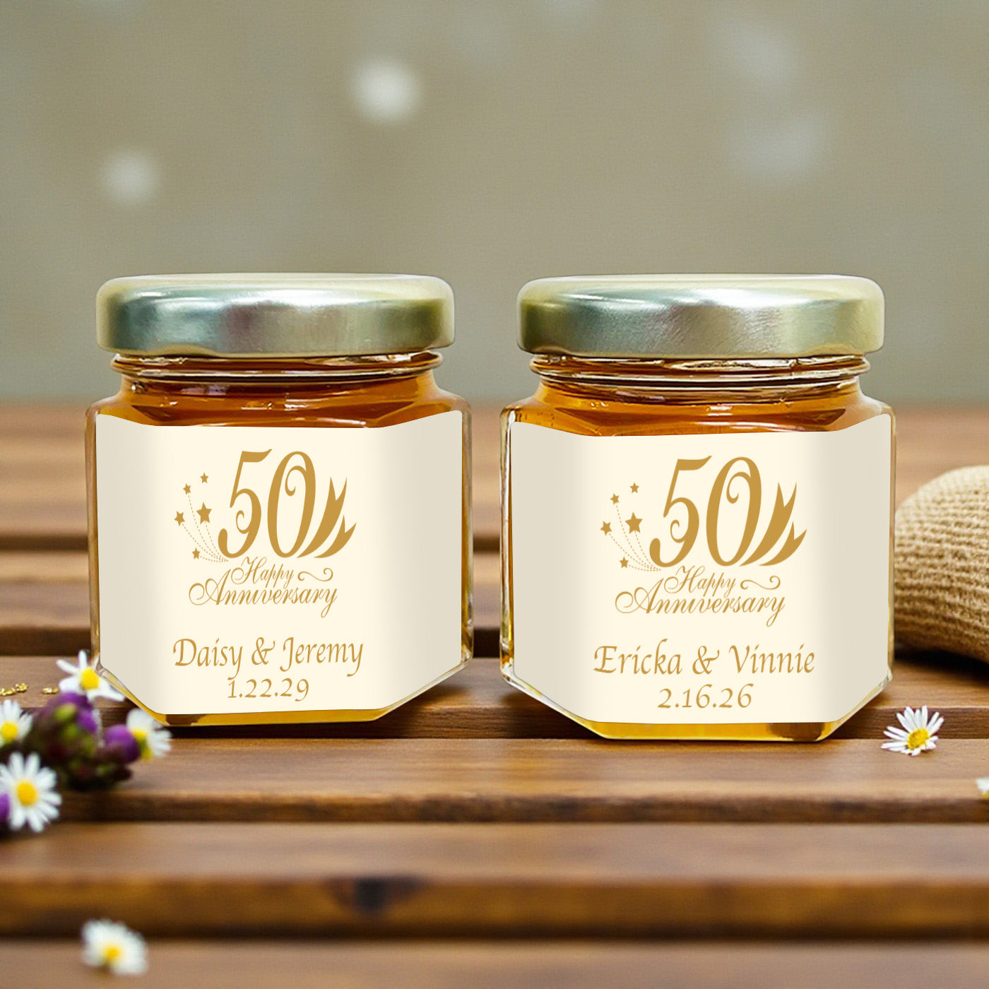 50th Wedding Anniversary Personalized Mini Honey Jar Filled with Honey - Set of 12