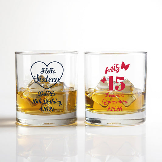 Sweet 16 or Mis Quince Personalized Whiskey Bourbon Glass - Set of 18
