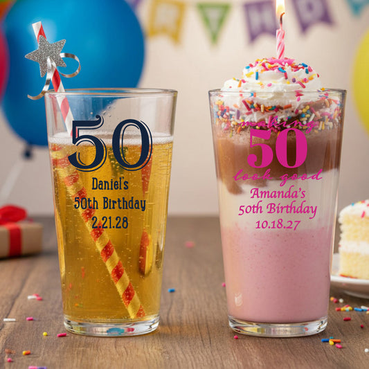 50th Birthday Personalized Pint Beer Glass - Set of 18
