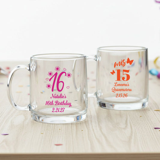 Sweet 16 or Mis Quince Personalized Clear Glass Mug  - Set of 18