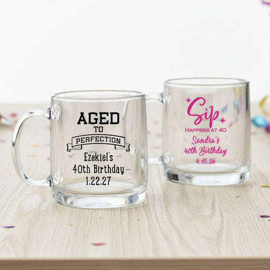 40th Birthday Personalized Clear Glass Mug  - Set of 18