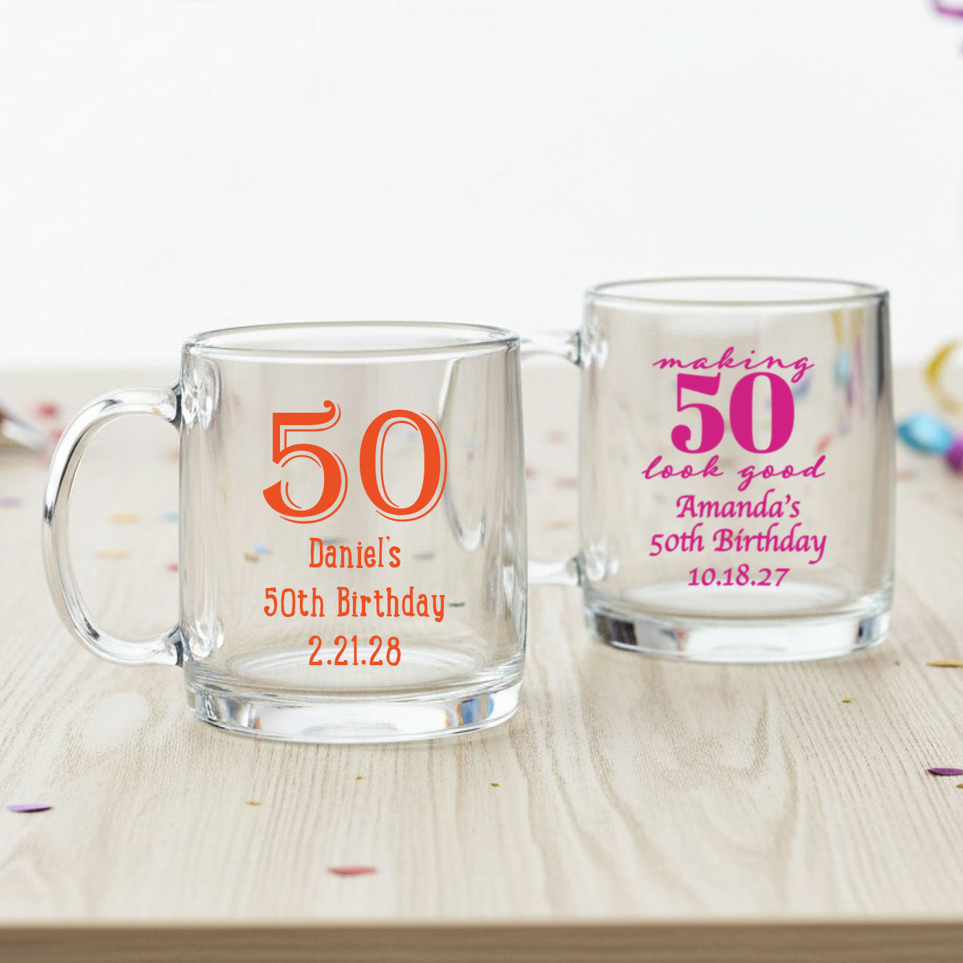 50th Birthday Personalized Clear Glass Mug  - Set of 18