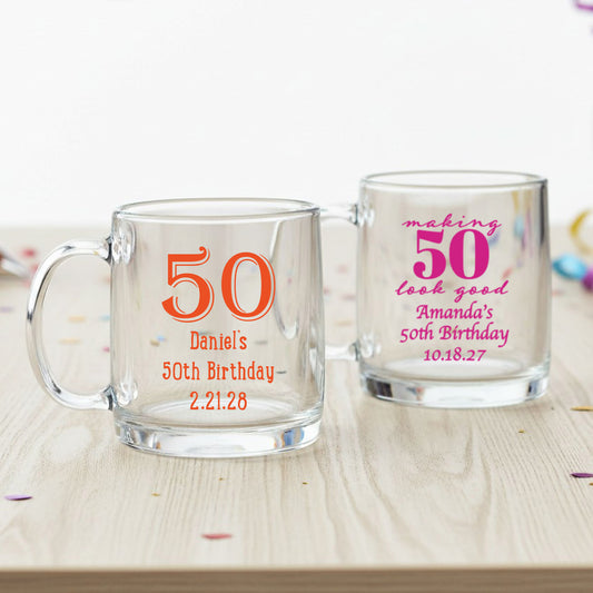 50th Birthday Personalized Clear Glass Mug  - Set of 18