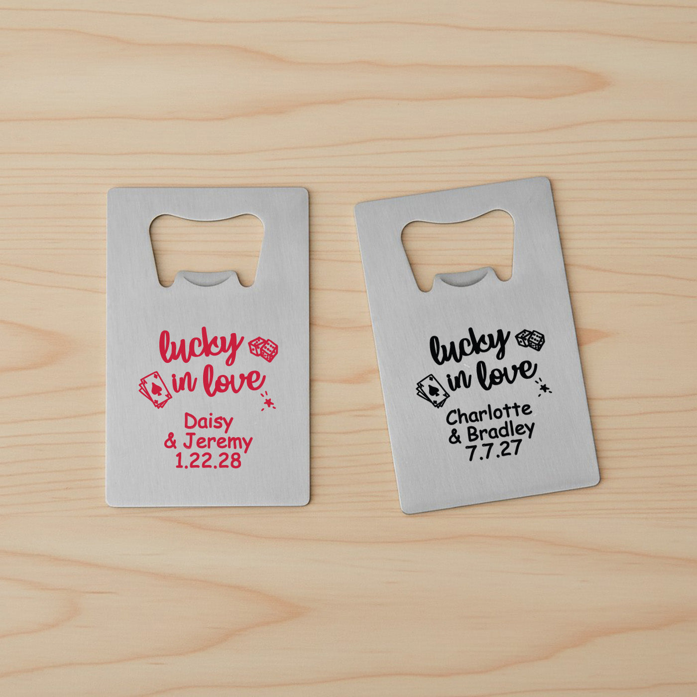 Lucky In Love Personalized Silver Credit Card Bottle Opener - Set of 24