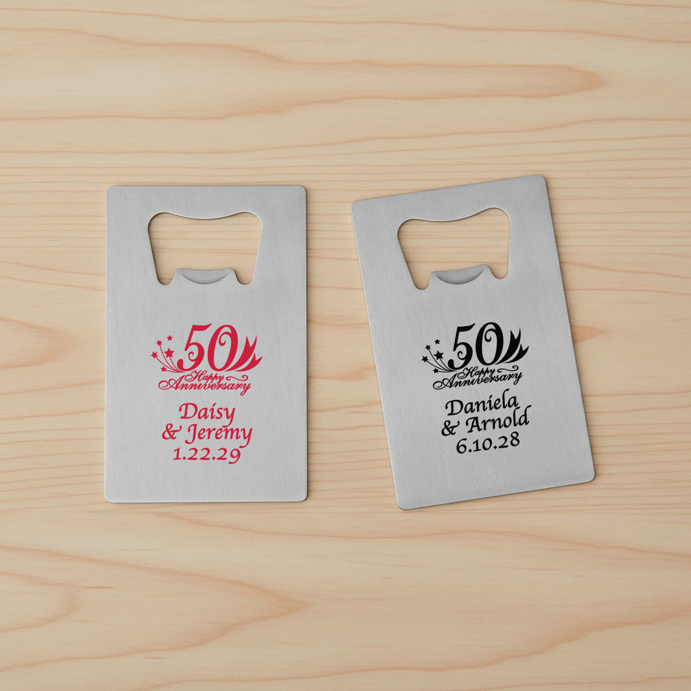 50th Wedding Anniversary Personalized Silver Credit Card Bottle Opener - Set of 24