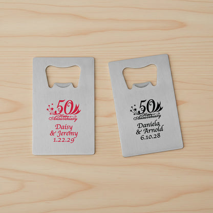 50th Wedding Anniversary Personalized Silver Credit Card Bottle Opener - Set of 24