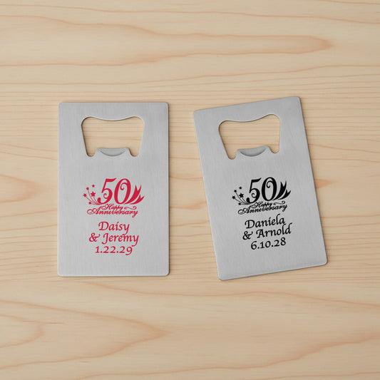 50th Wedding Anniversary Personalized Silver Credit Card Bottle Opener - Set of 24