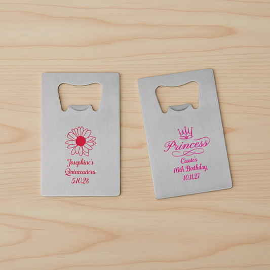 Sweet 16 or Mis Quince Personalized Silver Credit Card Bottle Opener - Set of 24
