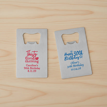 30th Birthday Personalized Silver Credit Card Bottle Opener - Set of 24