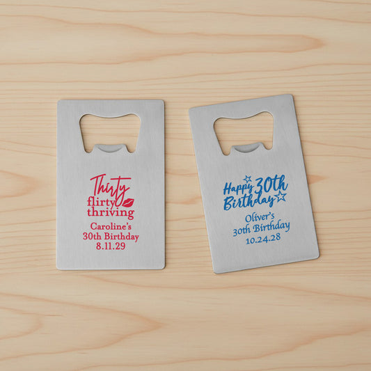 30th Birthday Personalized Silver Credit Card Bottle Opener - Set of 24