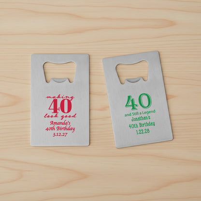 40th Birthday Personalized Silver Credit Card Bottle Opener - Set of 24