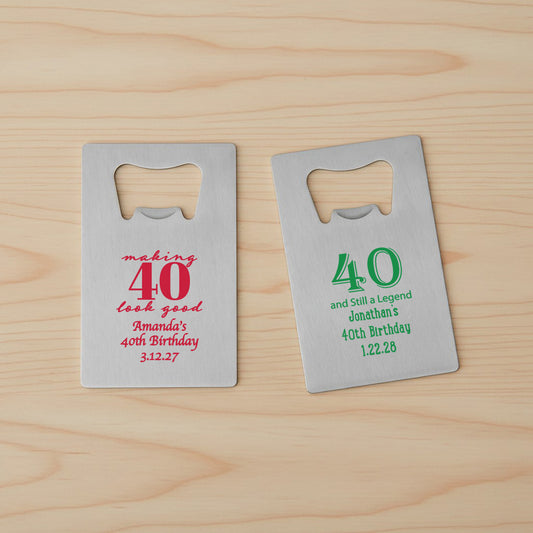 40th Birthday Personalized Silver Credit Card Bottle Opener - Set of 24