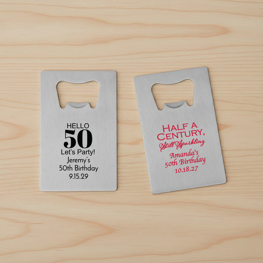 50th Birthday Personalized Silver Credit Card Bottle Opener - Set of 24