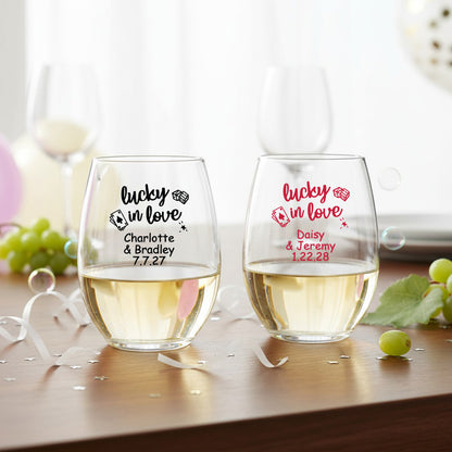 Lucky In Love Personalized 9 oz. Stemless Wine Glass - Set of 24