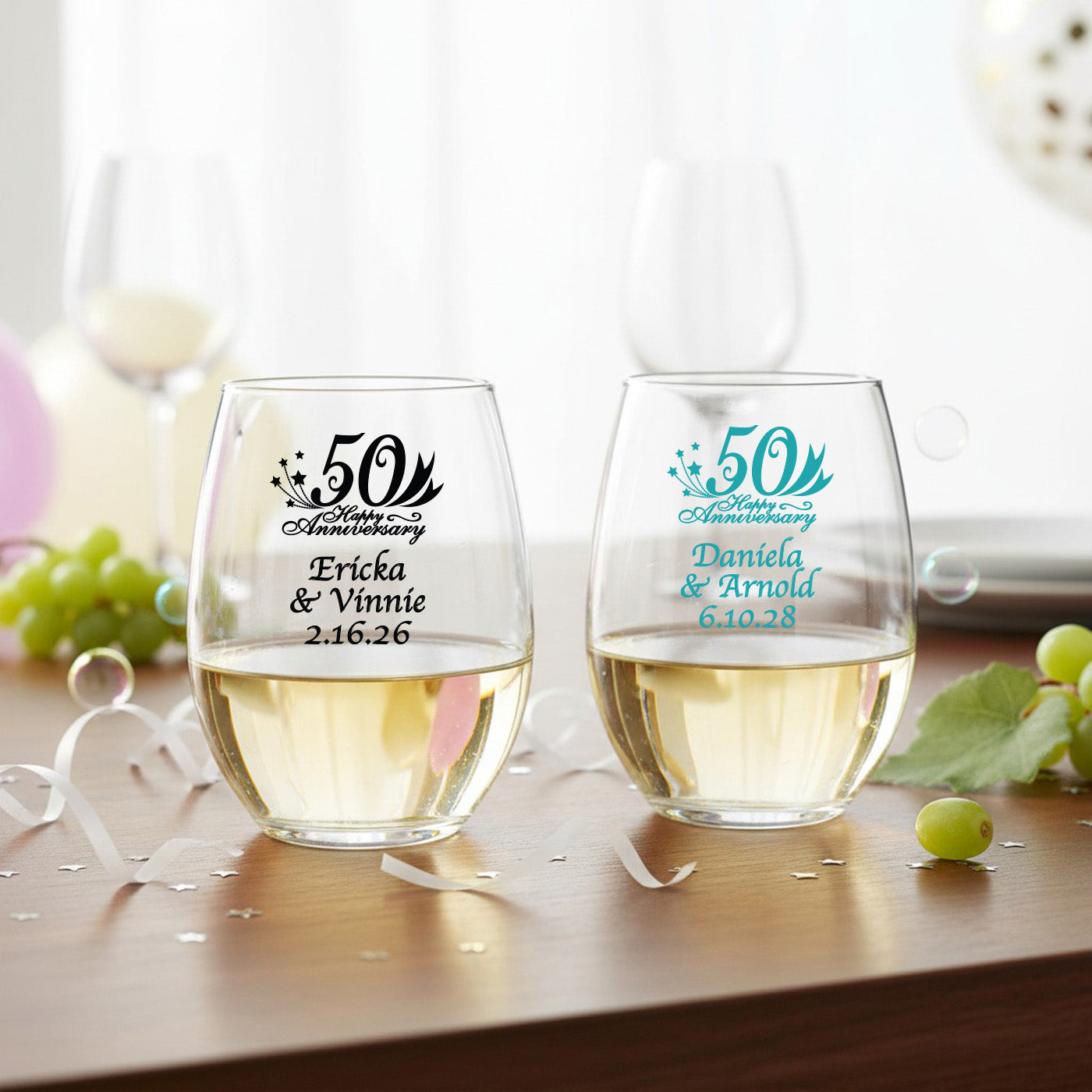 50th Wedding Anniversary Personalized 9 oz. Stemless Wine Glass - Set of 24