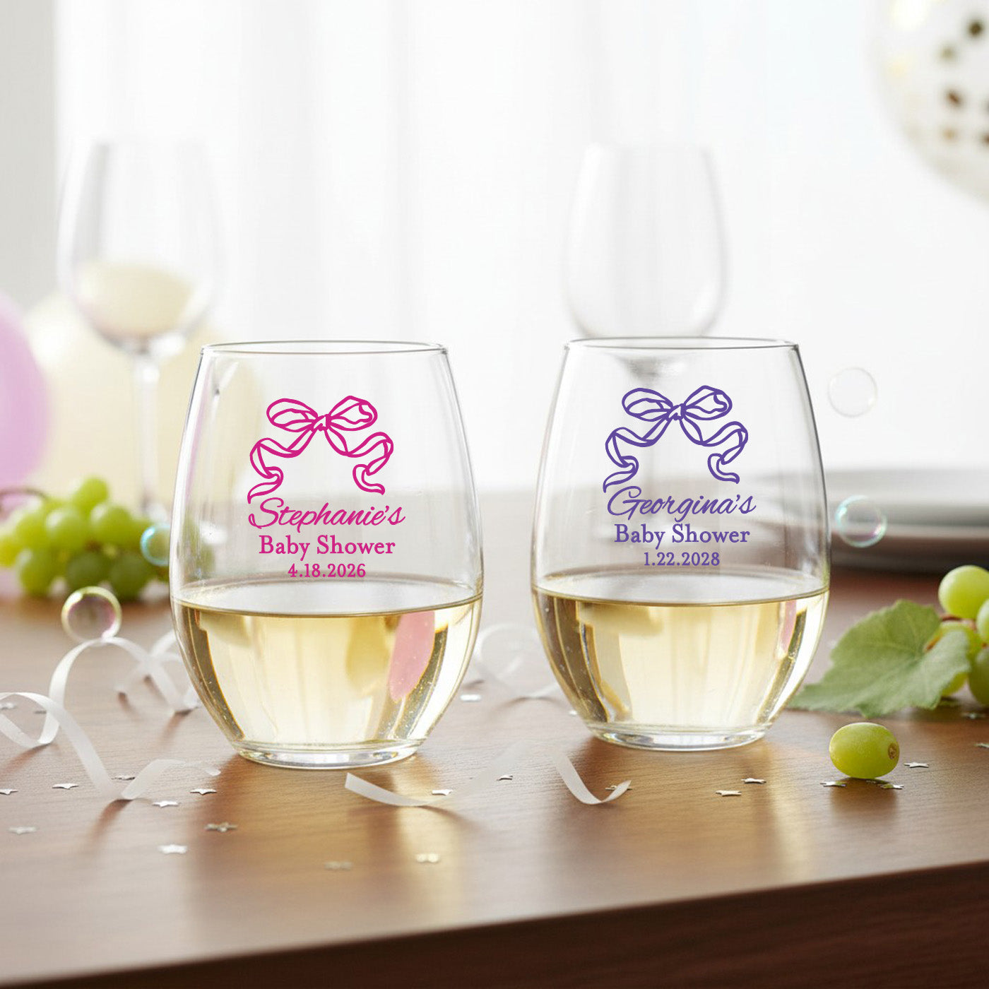 Pink Bow Personalized 9 oz. Stemless Wine Glass - Set of 24