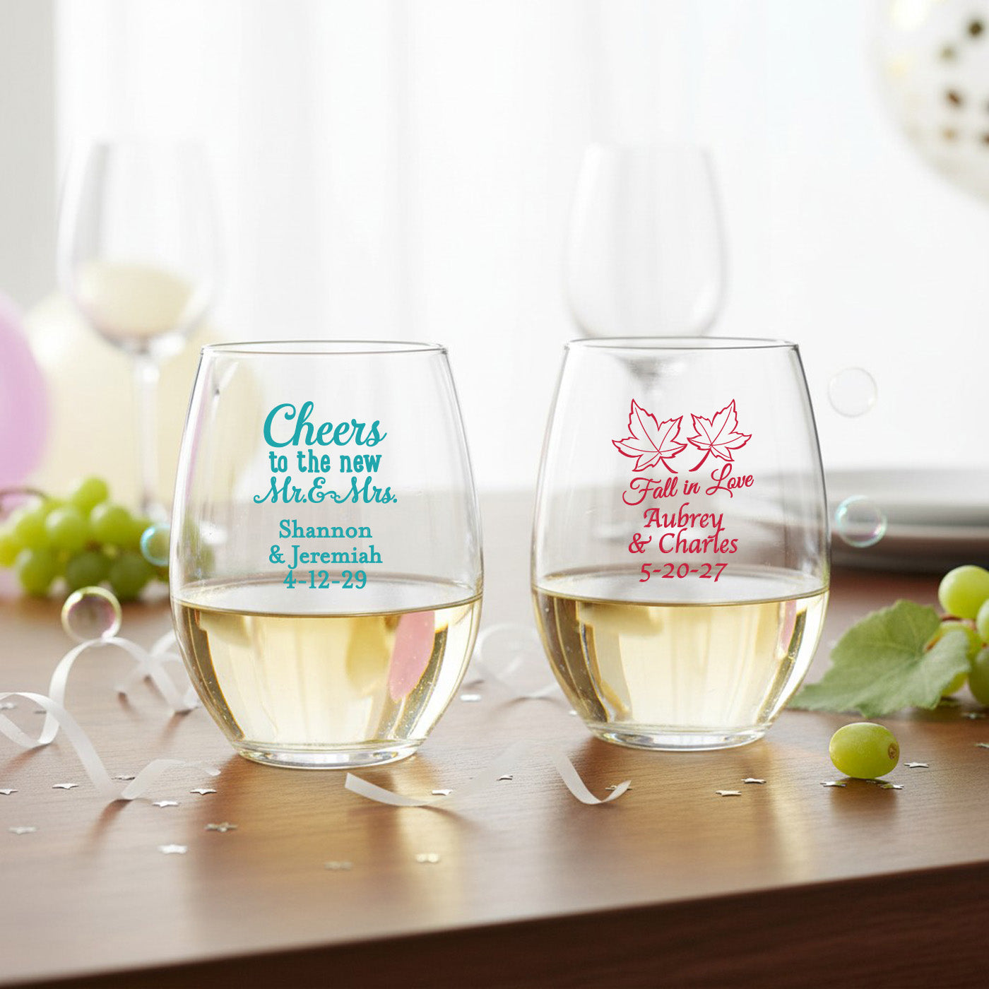 Wedding Personalized 9 oz. Stemless Wine Glass - Set of 24