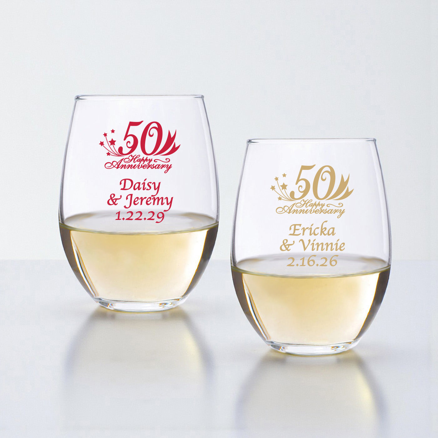 50th Wedding Anniversary Personalized 9 oz. Stemless Wine Glass - Set of 24