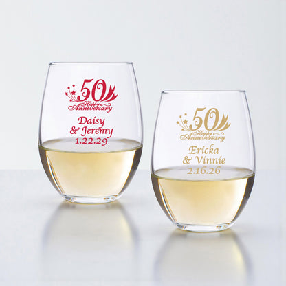 50th Wedding Anniversary Personalized 9 oz. Stemless Wine Glass - Set of 24