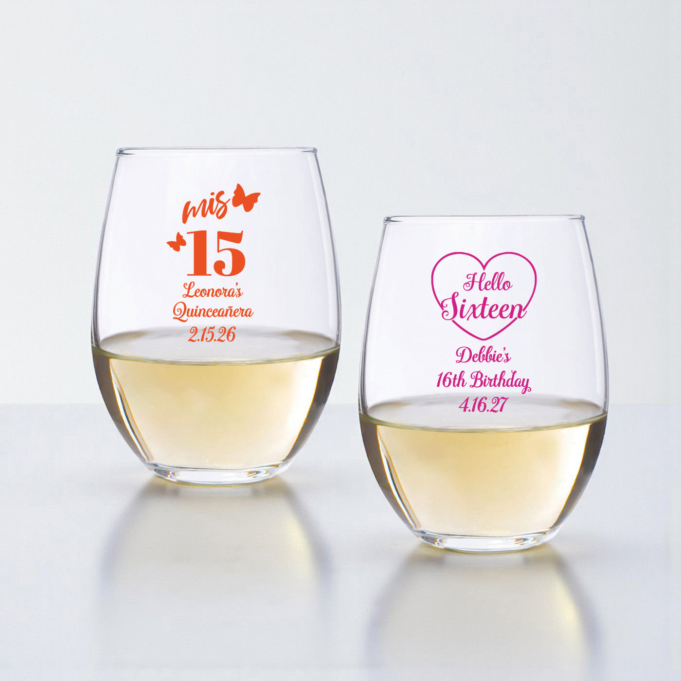 Sweet 16 or Mis Quince Personalized 9 oz. Stemless Wine Glass - Set of 24