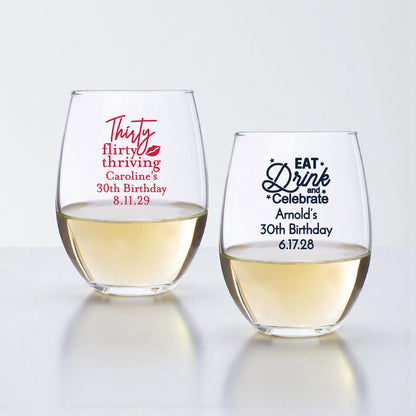 30th Birthday Personalized 9 oz. Stemless Wine Glass - Set of 24