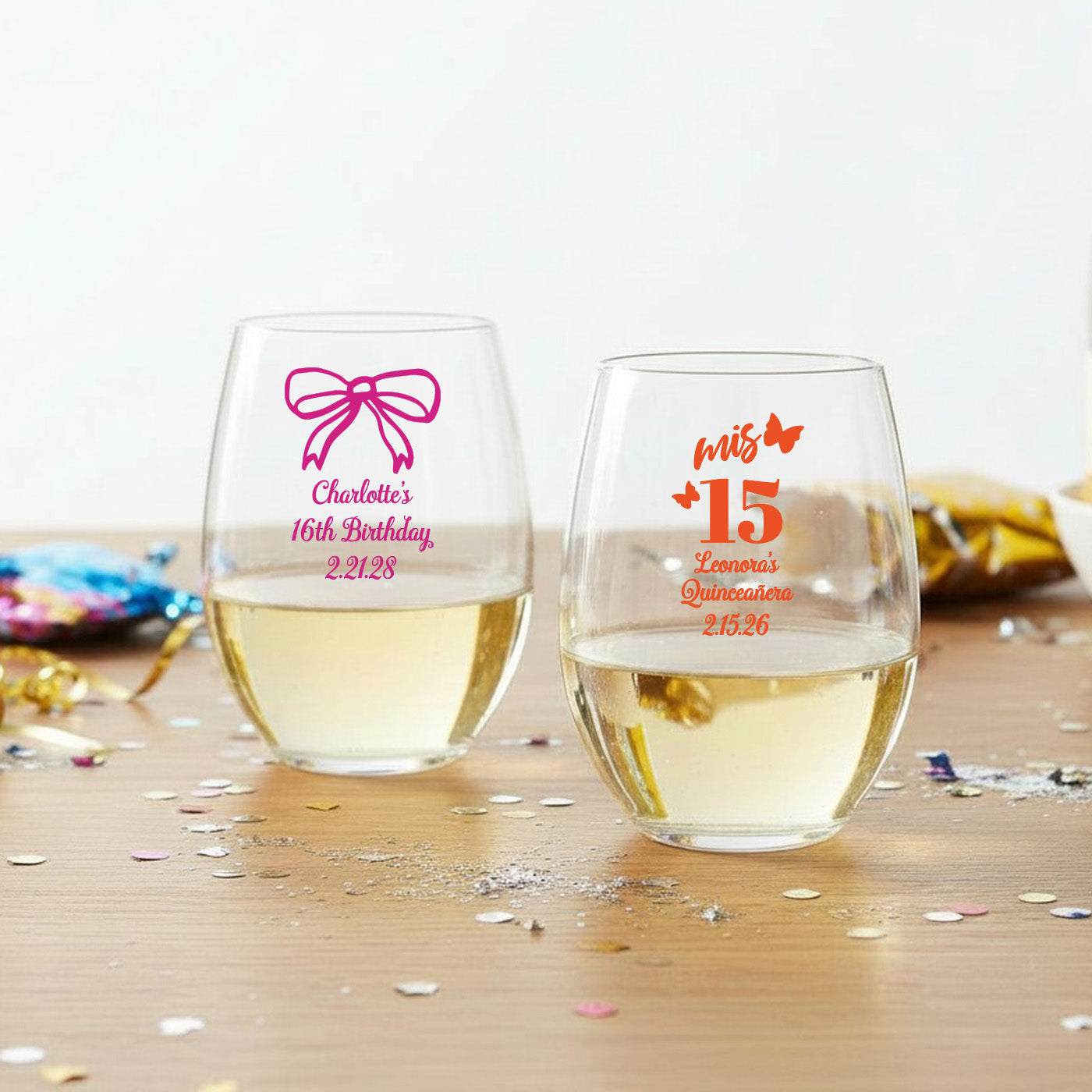 Sweet 16 or Mis Quince Personalized 9 oz. Stemless Wine Glass - Set of 24