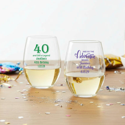 40th Birthday Personalized 9 oz. Stemless Wine Glass - Set of 24