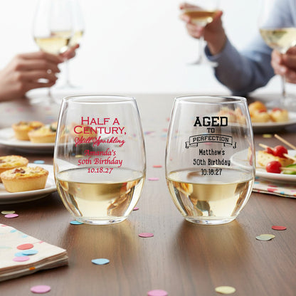 50th Birthday Personalized 9 oz. Stemless Wine Glass - Set of 24