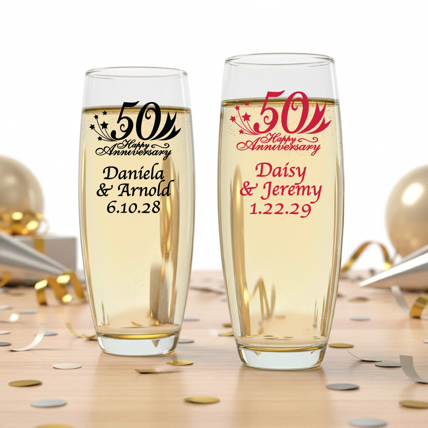 50th Wedding Anniversary Personalized Stemless Champagne Glass - Set of 24