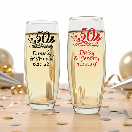 50th Wedding Anniversary Personalized Stemless Champagne Glass - Set of 24