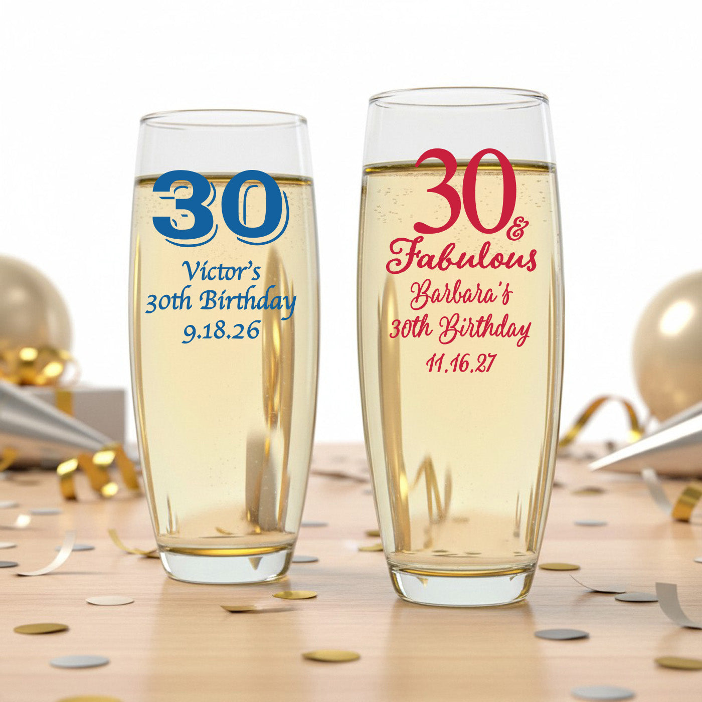 30th Birthday Personalized Stemless Champagne Glass - Set of 24