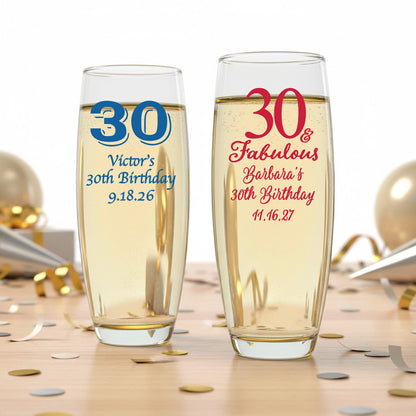30th Birthday Personalized Stemless Champagne Glass - Set of 24