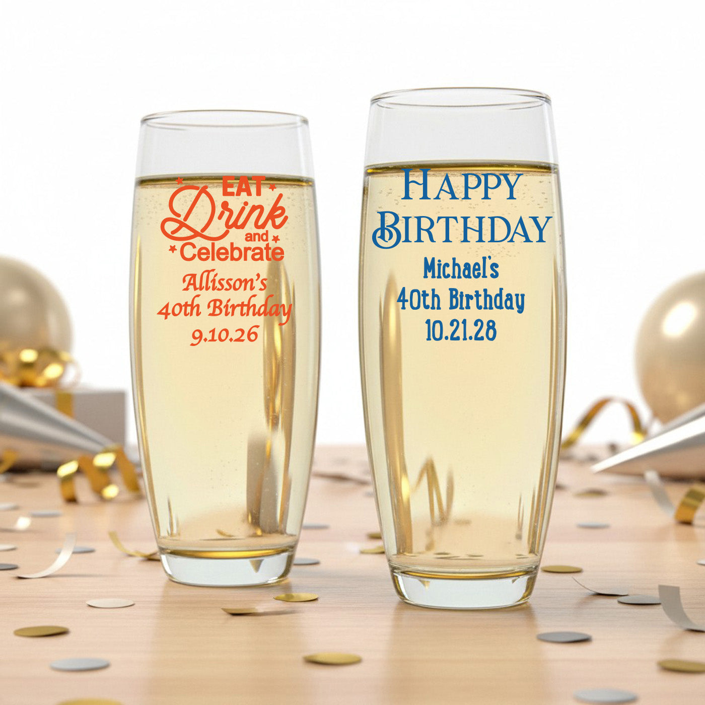 40th Birthday Personalized Stemless Champagne Glass - Set of 24