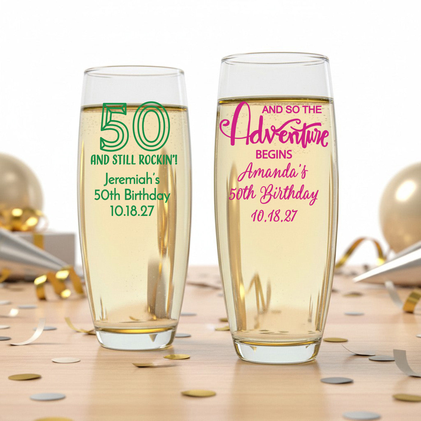 50th Birthday Personalized Stemless Champagne Glass - Set of 24