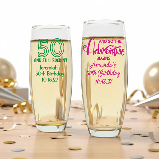 50th Birthday Personalized Stemless Champagne Glass - Set of 24