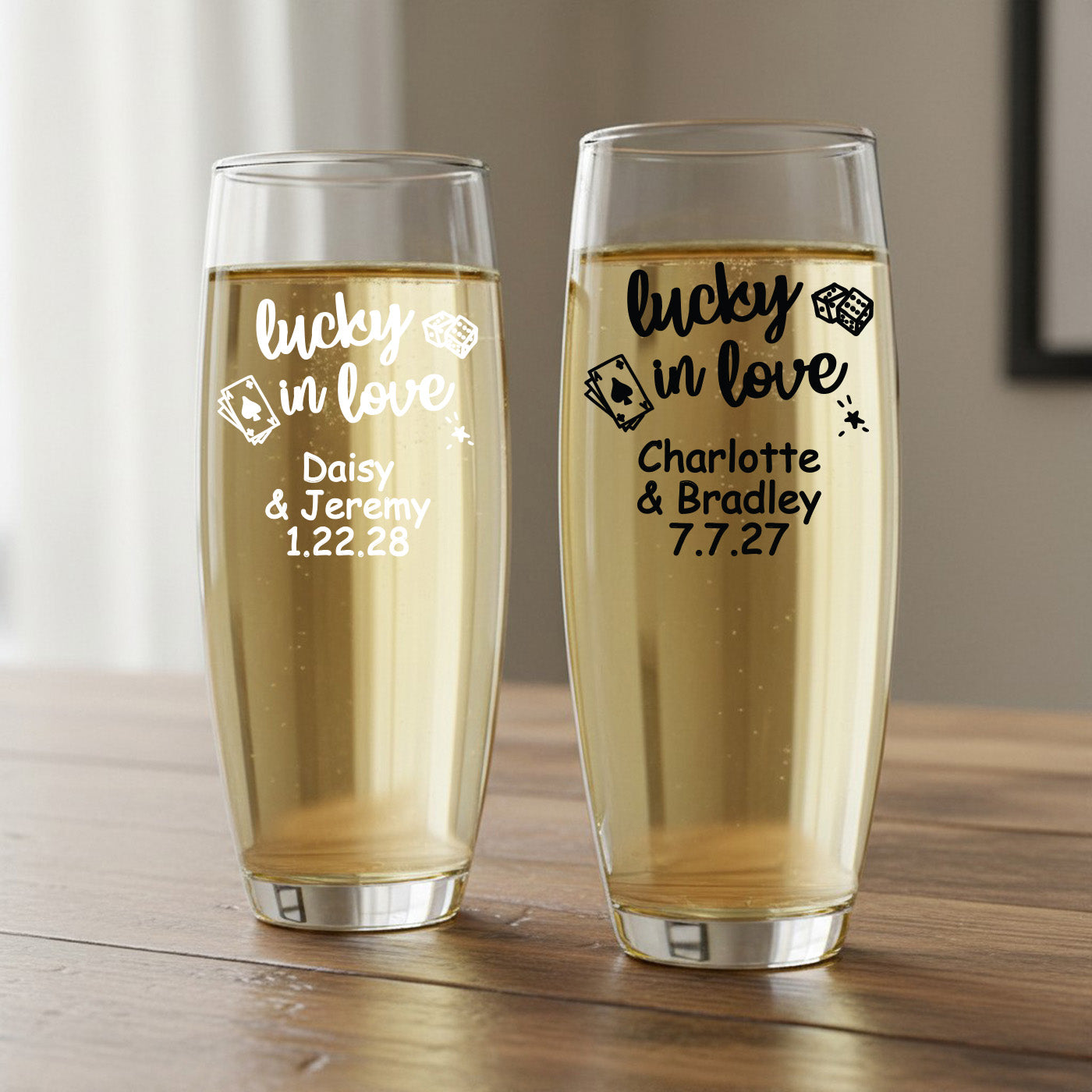 Lucky In Love Personalized Stemless Champagne Glass - Set of 24