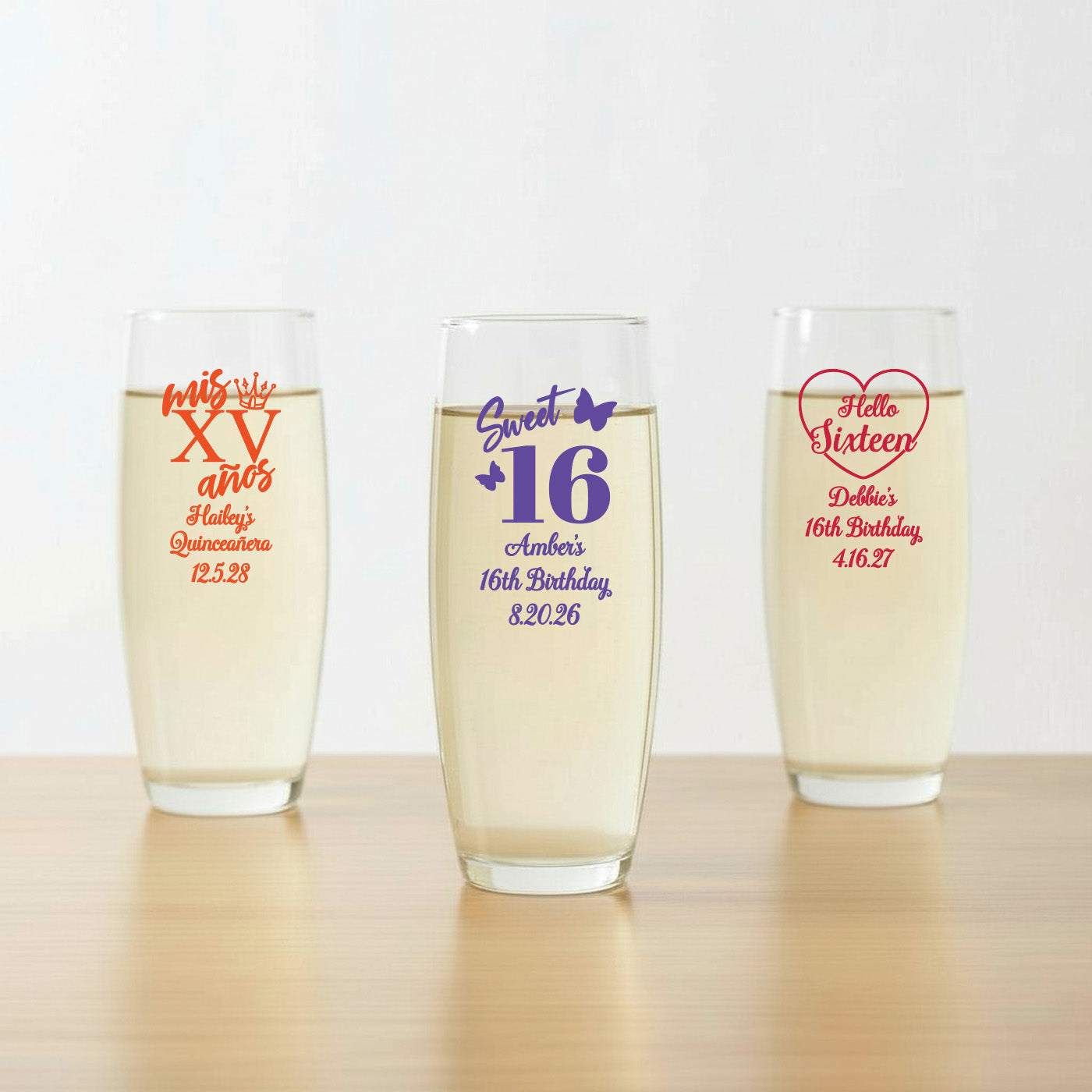 Sweet 16 or Mis Quince Personalized Stemless Champagne Glass - Set of 24