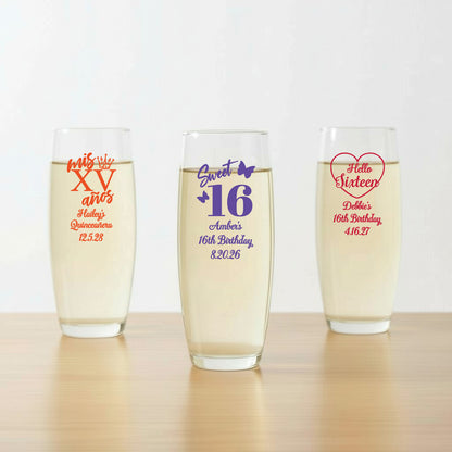 Sweet 16 or Mis Quince Personalized Stemless Champagne Glass - Set of 24