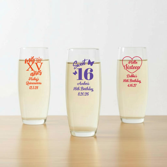 Sweet 16 or Mis Quince Personalized Stemless Champagne Glass - Set of 24