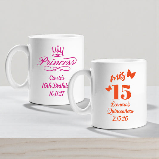 Sweet 16 or Mis Quince Personalized Ceramic Coffee Mugs - Set of 12