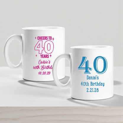 40th Birthday Personalized Ceramic Coffee Mugs - Set of 12
