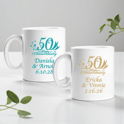 50th Wedding Anniversary Personalized Ceramic Coffee Mugs - Set of 12