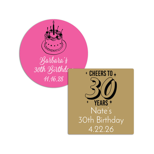 30th Birthday Personalized Round/Square Labels - Set of 24