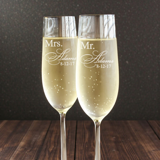 Mr & Mrs Fancy Engraved Personalized Wedding Champagne Flutes