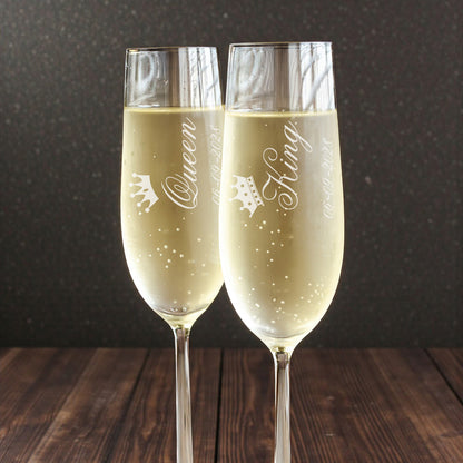 King and Queen Engraved Personalized Wedding Champagne Flutes - Set of 2