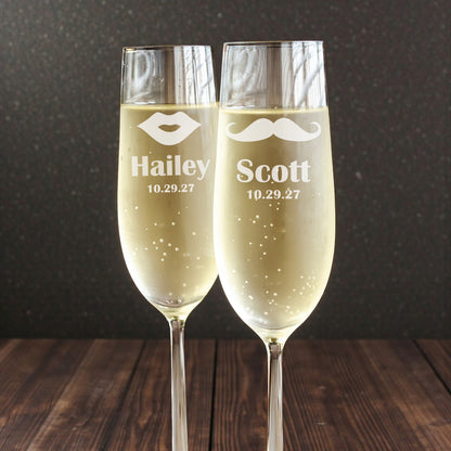 Lips and Mustache Engraved Personalized Wedding Champagne Flutes - Set of 2