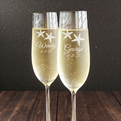 Starfish Engraved Personalized Wedding Champagne Flutes - Set of 2